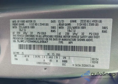 2022 Lincoln Corsair Standard z USA, uszkodzony, nr VIN 5LMCJ1D94NUL05647